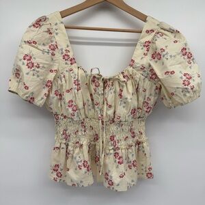 Wayf Lucian‎ Floral Smocked Waist Top in Ivory Whisper Floral Size L Cottagecore